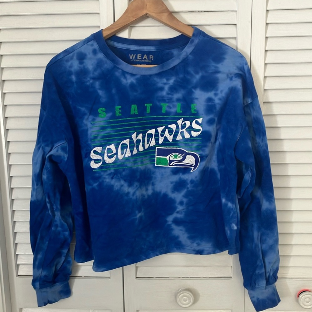 Blue tie dye Seahawks by Erin Andrews cropped long sleeved shirt